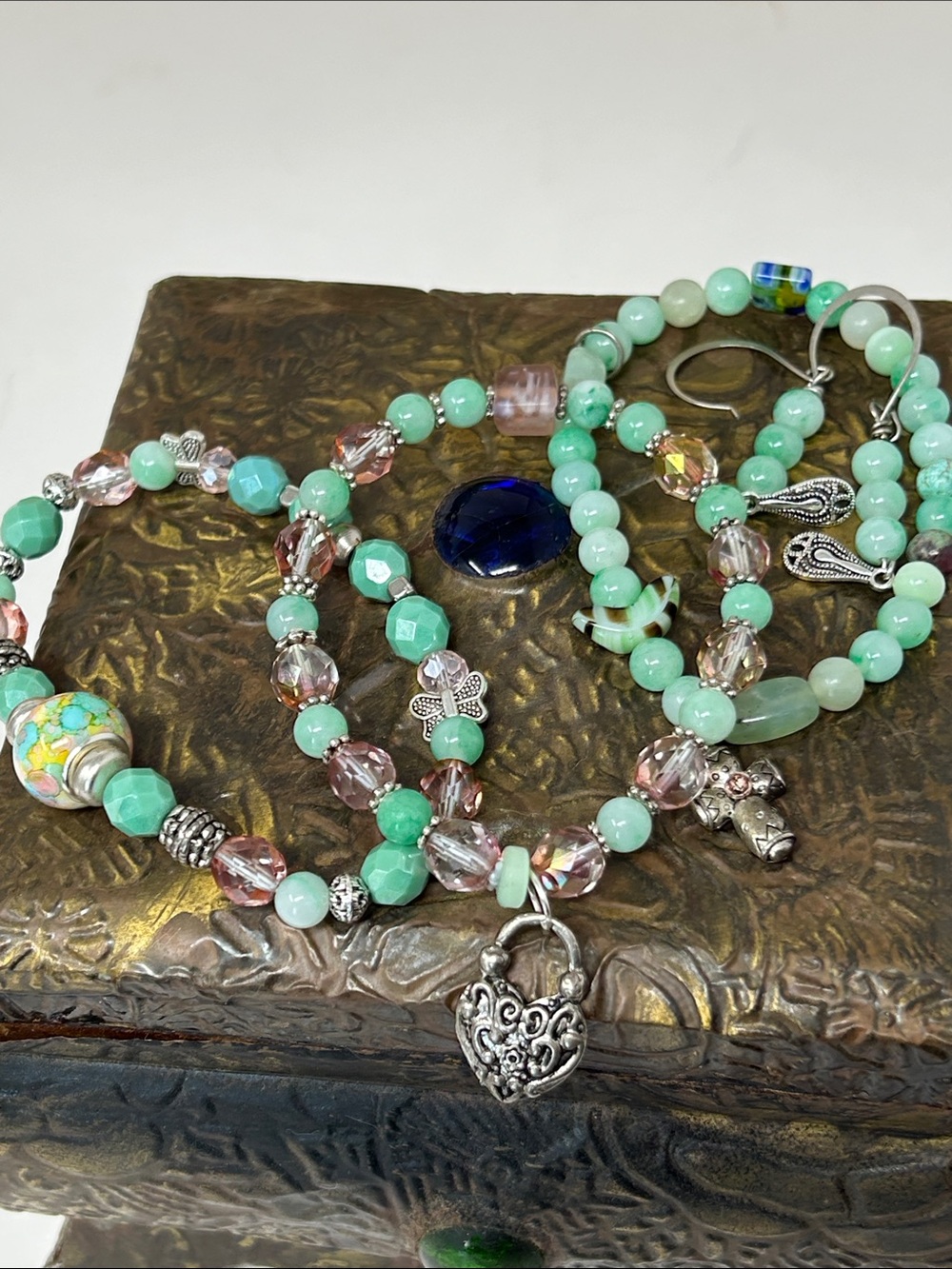 Green and Pink Beaded Charm Bracelet and Earring 4 Pc Set